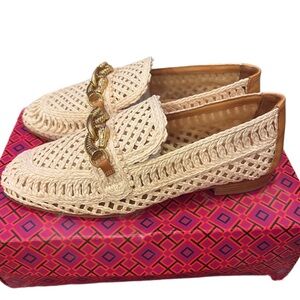 Tory Burch Cream Woven Loafers with Gold Chain